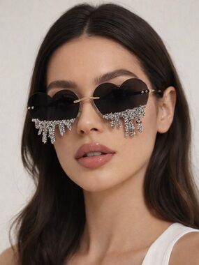 #59 Black Heart-Shaped Rhinestone Drip Sunglasses